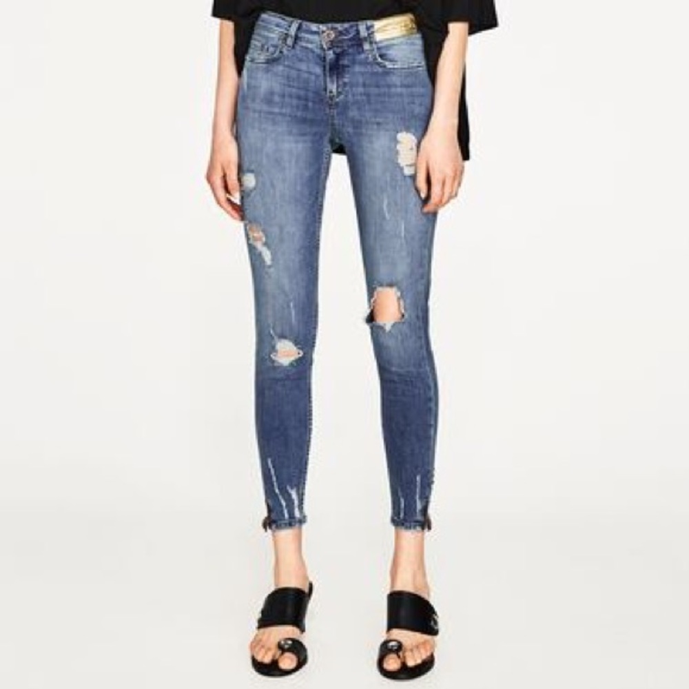 ZARA Mid-rise Power Stretch Damaged Skinny Jeans w/ Zipper Size 2 EUR 34 NEW